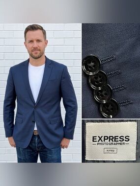 Express Men’s 44R Photographer Fitted Navy Blue Wool Stretch Blazer Suit Jacket